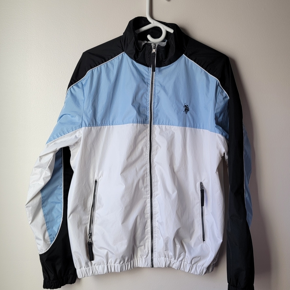Vintage U.S. Polo Assn. Men's Black, Light Blue, and White Windbreaker Size M
